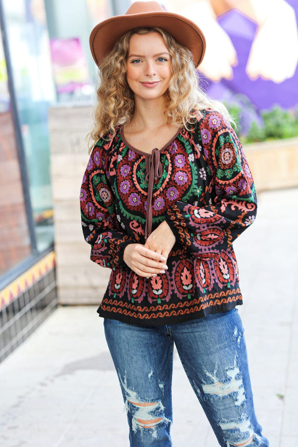 Take The Leap Black & Mauve Border Print Boho Tie Top - Coeur de la Mode