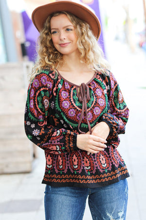 Take The Leap Black & Mauve Border Print Boho Tie Top - Coeur de la Mode
