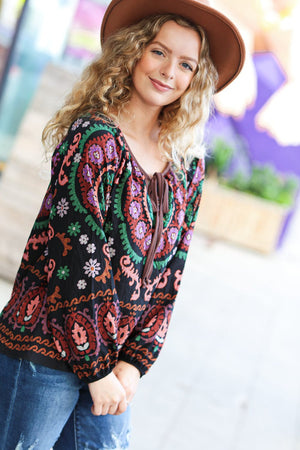 Take The Leap Black & Mauve Border Print Boho Tie Top - Coeur de la Mode