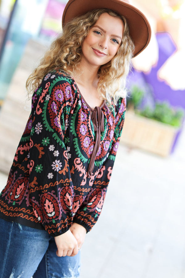 Take The Leap Black & Mauve Border Print Boho Tie Top - Coeur de la Mode