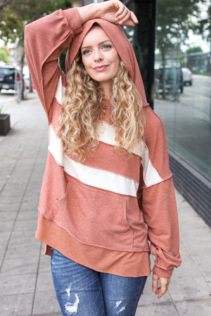 Feeling Playful Rust Stripe Color Block French Terry Hoodie - Coeur de la Mode