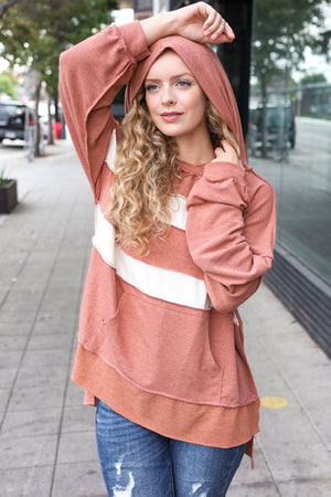 Feeling Playful Rust Stripe Color Block French Terry Hoodie - Coeur de la Mode