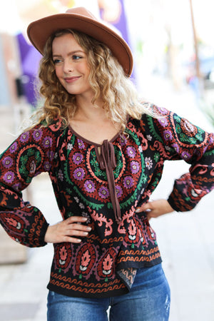 Take The Leap Black & Mauve Border Print Boho Tie Top - Coeur de la Mode