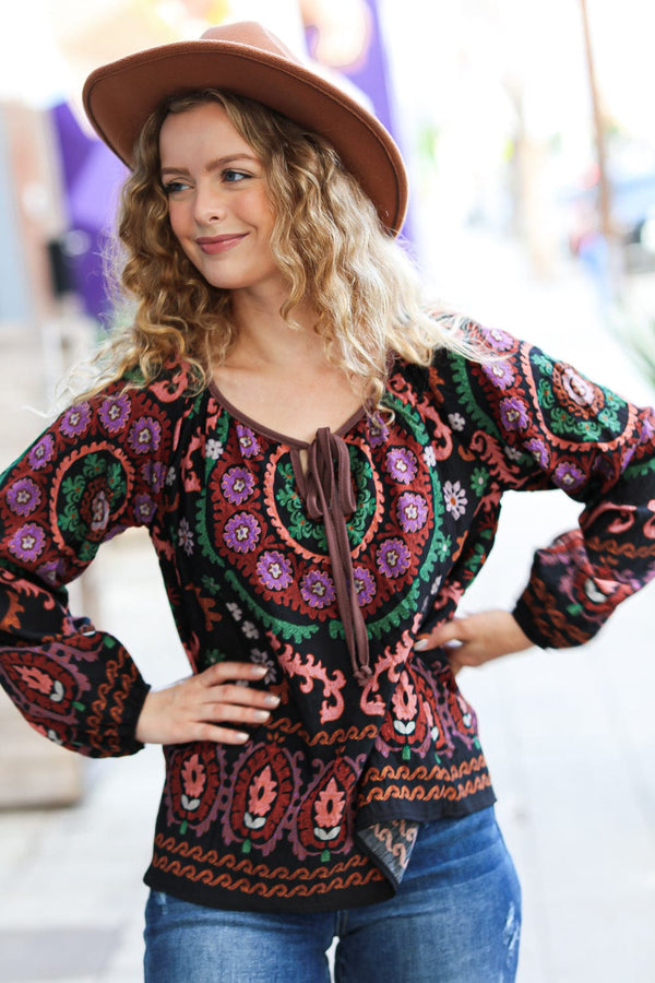 Take The Leap Black & Mauve Border Print Boho Tie Top - Coeur de la Mode