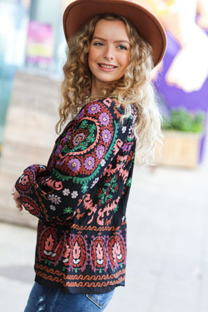 Take The Leap Black & Mauve Border Print Boho Tie Top - Coeur de la Mode