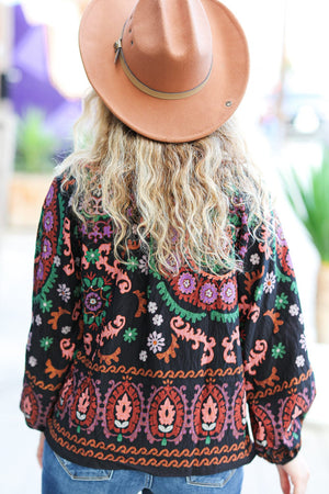 Take The Leap Black & Mauve Border Print Boho Tie Top - Coeur de la Mode