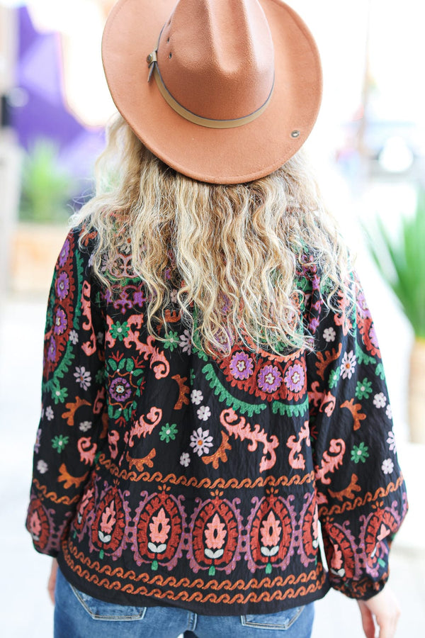 Take The Leap Black & Mauve Border Print Boho Tie Top - Coeur de la Mode