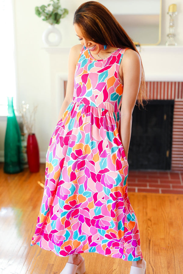 Hello Beautiful Fuchsia Abstract Floral Fit & Flare Maxi Dress - Coeur de la Mode