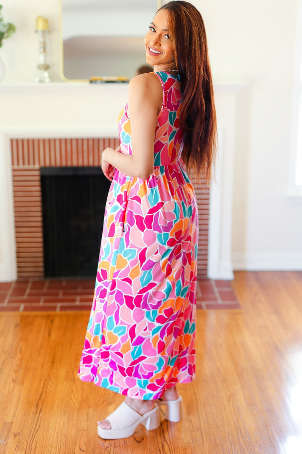 Hello Beautiful Fuchsia Abstract Floral Fit & Flare Maxi Dress - Coeur de la Mode