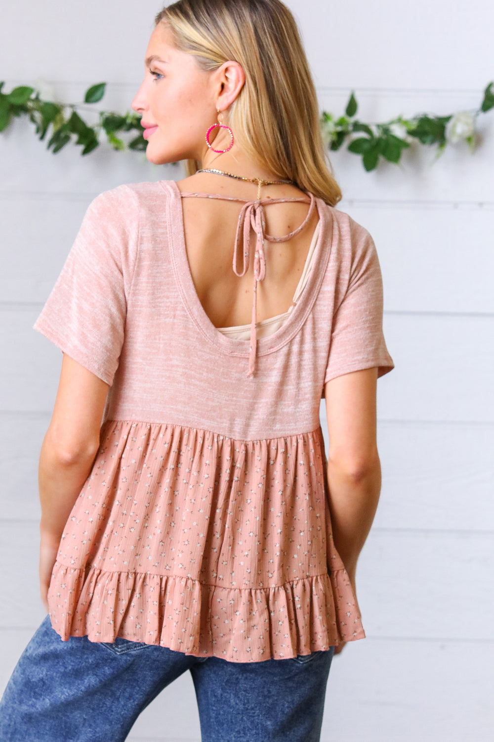 Mauve Tie Back Crinkle Floral Top - Coeur de la Mode