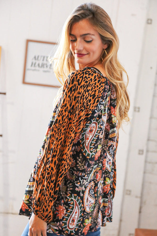 Boho Paisley Leopard Print Front Tie Woven Blouse - Coeur de la Mode