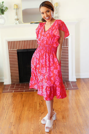 Remember Me Red & Pink Floral Print Smocked Waist Midi Dress - Coeur de la Mode