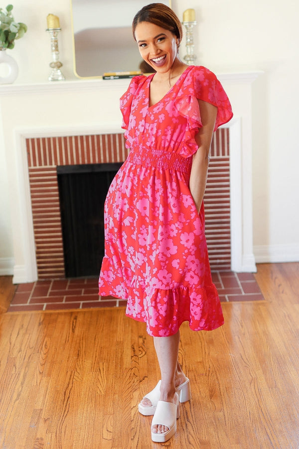 Remember Me Red & Pink Floral Print Smocked Waist Midi Dress - Coeur de la Mode