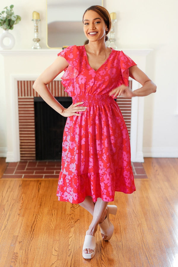Remember Me Red & Pink Floral Print Smocked Waist Midi Dress - Coeur de la Mode