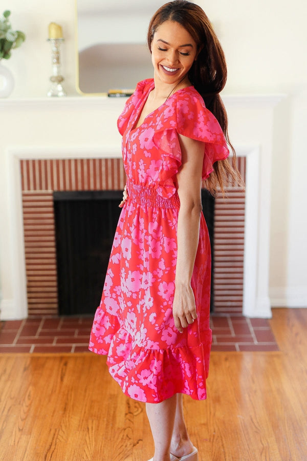 Remember Me Red & Pink Floral Print Smocked Waist Midi Dress - Coeur de la Mode