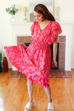 Remember Me Red & Pink Floral Print Smocked Waist Midi Dress - Coeur de la Mode