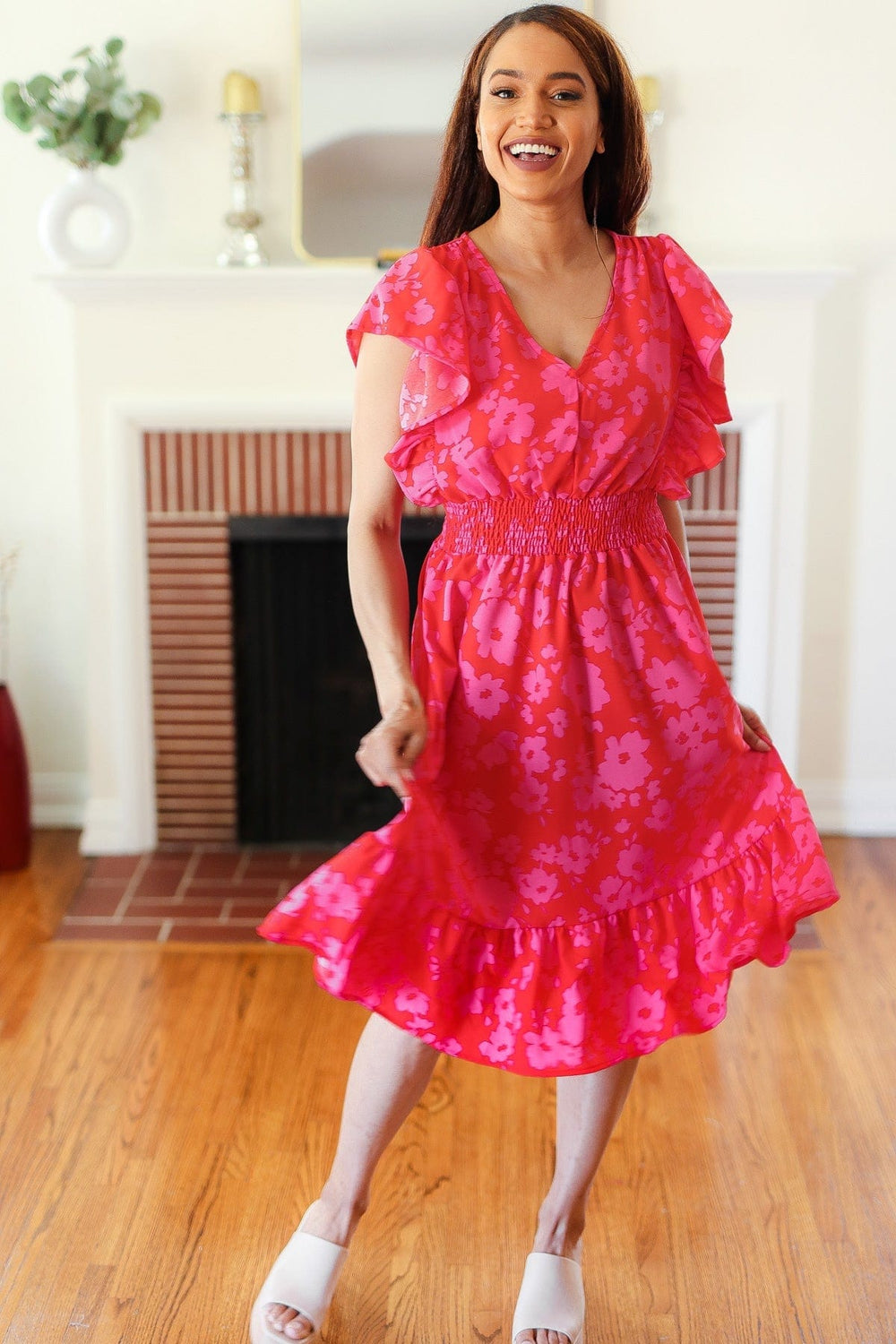 Remember Me Red & Pink Floral Print Smocked Waist Midi Dress - Coeur de la Mode