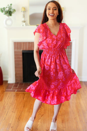 Remember Me Red & Pink Floral Print Smocked Waist Midi Dress - Coeur de la Mode