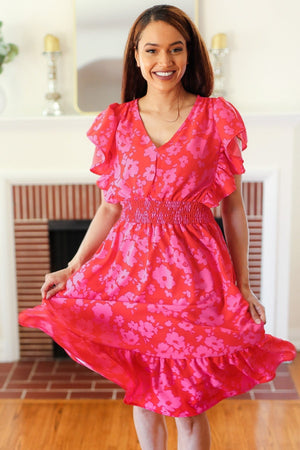 Remember Me Red & Pink Floral Print Smocked Waist Midi Dress - Coeur de la Mode