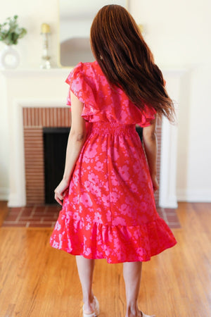 Remember Me Red & Pink Floral Print Smocked Waist Midi Dress - Coeur de la Mode