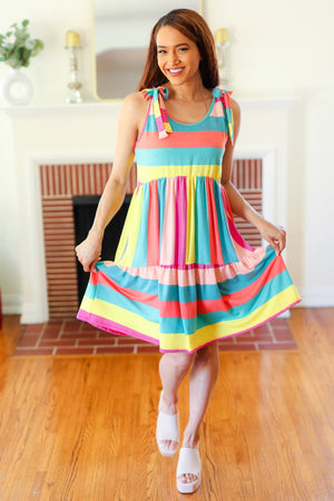 Start The Day Rainbow Stripe Shoulder Tie Tiered Dress - Coeur de la Mode