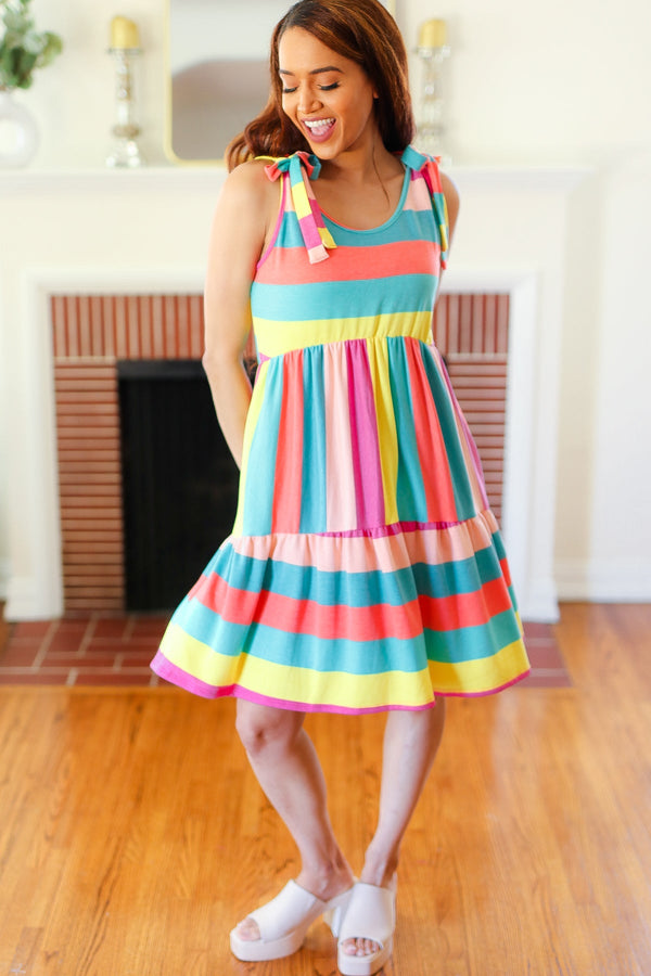 Start The Day Rainbow Stripe Shoulder Tie Tiered Dress - Coeur de la Mode