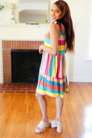 Start The Day Rainbow Stripe Shoulder Tie Tiered Dress - Coeur de la Mode
