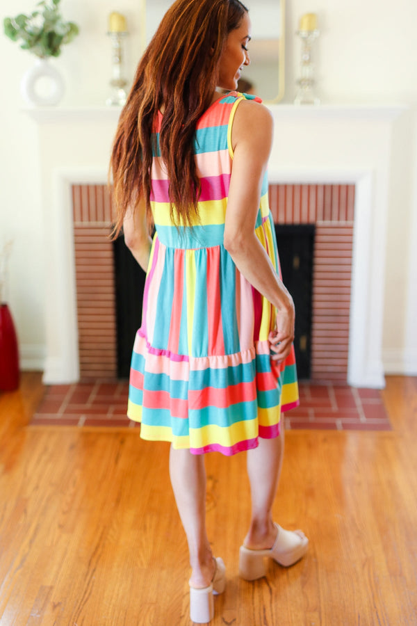 Start The Day Rainbow Stripe Shoulder Tie Tiered Dress - Coeur de la Mode