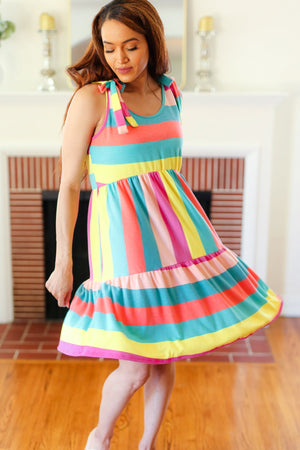 Start The Day Rainbow Stripe Shoulder Tie Tiered Dress - Coeur de la Mode