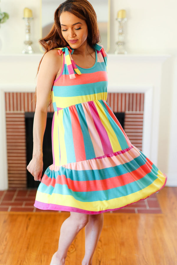 Start The Day Rainbow Stripe Shoulder Tie Tiered Dress - Coeur de la Mode