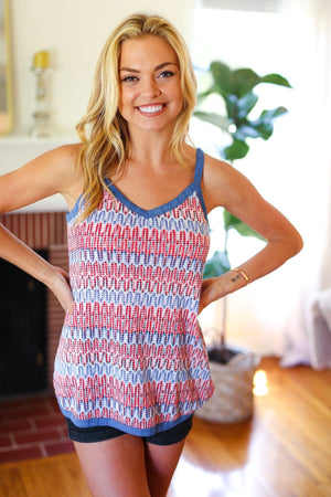 Red White & Blue Squiggly Striped Sleeveless Top - Coeur de la Mode