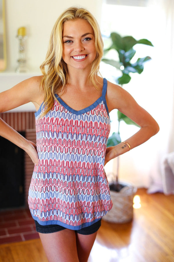 Red White & Blue Squiggly Striped Sleeveless Top - Coeur de la Mode