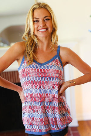 Red White & Blue Squiggly Striped Sleeveless Top - Coeur de la Mode
