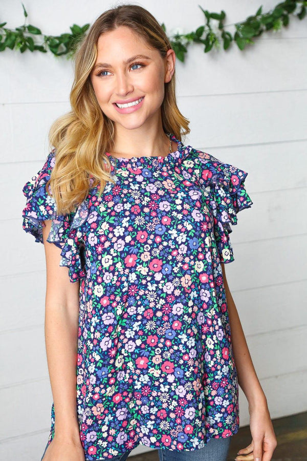 Navy Floral Mock Neck Flutter Sleeve Top - Coeur de la Mode