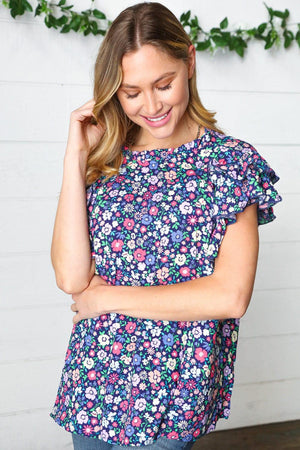 Navy Floral Mock Neck Flutter Sleeve Top - Coeur de la Mode
