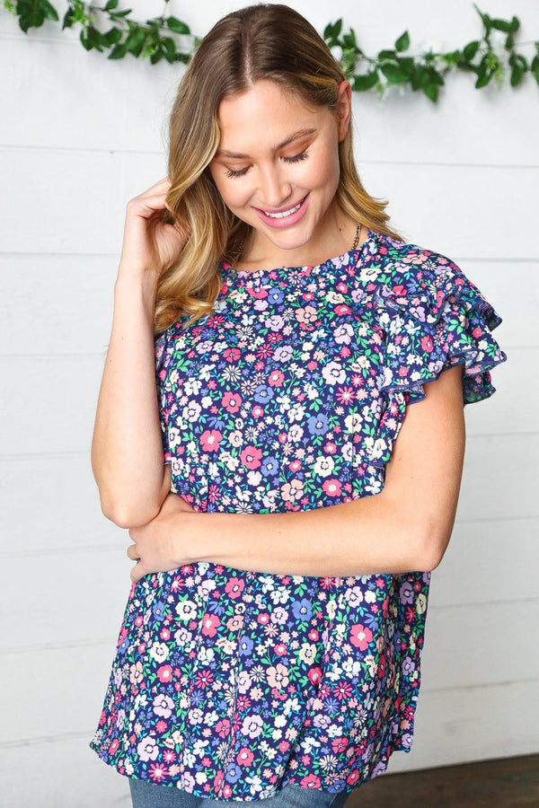 Navy Floral Mock Neck Flutter Sleeve Top - Coeur de la Mode