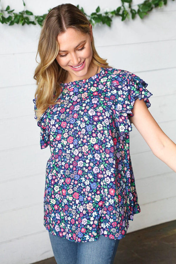 Navy Floral Mock Neck Flutter Sleeve Top - Coeur de la Mode