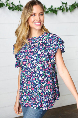 Navy Floral Mock Neck Flutter Sleeve Top - Coeur de la Mode