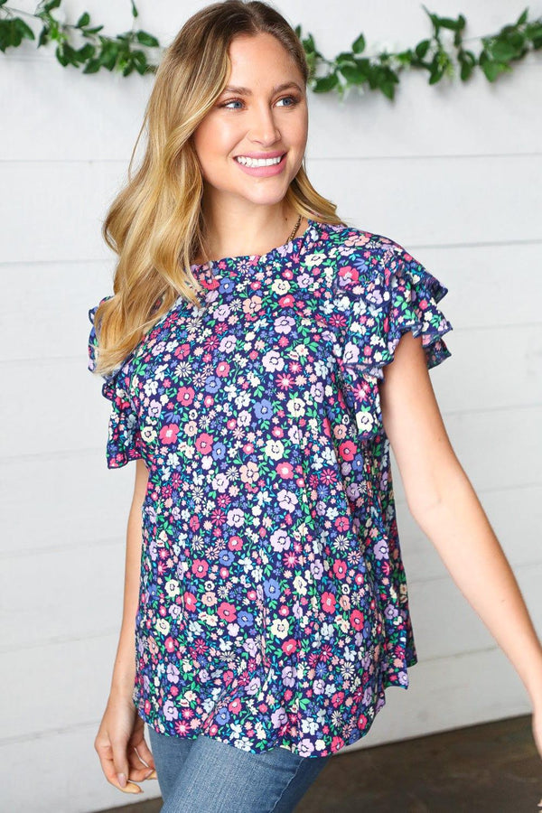 Navy Floral Mock Neck Flutter Sleeve Top - Coeur de la Mode