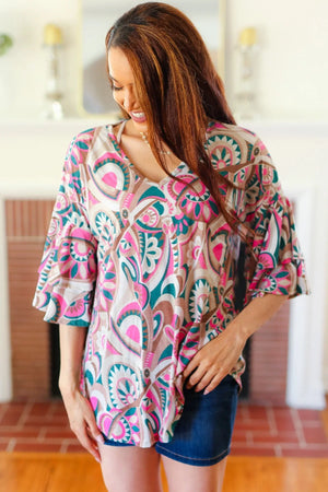 Eyes On You Teal Paisley Double Ruffle Sleeve Top - Coeur de la Mode