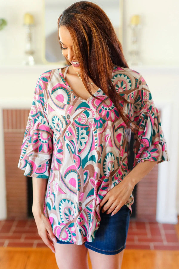 Eyes On You Teal Paisley Double Ruffle Sleeve Top - Coeur de la Mode