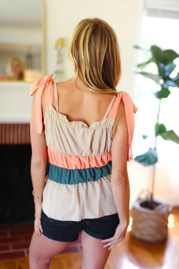 Peach Tie Knot Shoulder Detail Color Block Top - Coeur de la Mode