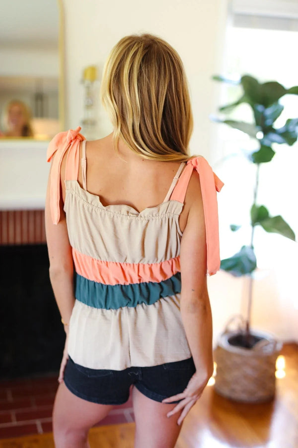 Peach Tie Knot Shoulder Detail Color Block Top - Coeur de la Mode