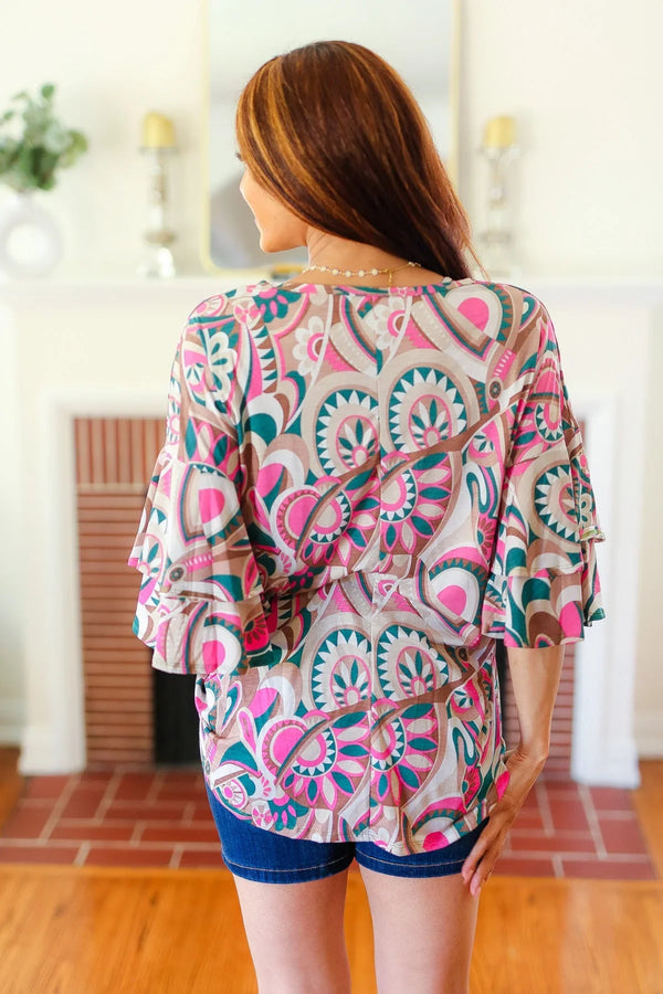 Eyes On You Teal Paisley Double Ruffle Sleeve Top - Coeur de la Mode