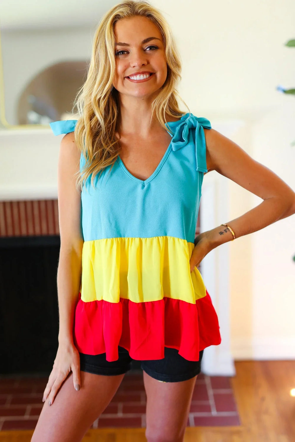 Multicolor Tiered Shoulder Tie Bow Crepe Top - Coeur de la Mode