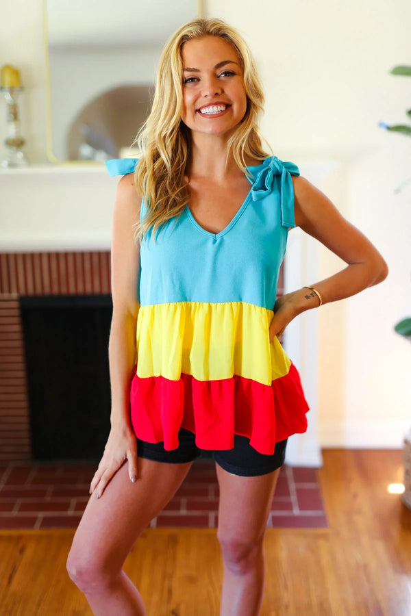 Multicolor Tiered Shoulder Tie Bow Crepe Top - Coeur de la Mode
