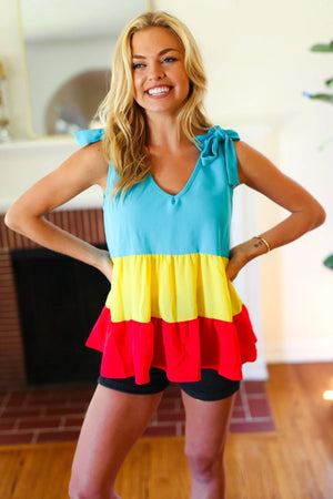 Multicolor Tiered Shoulder Tie Bow Crepe Top - Coeur de la Mode