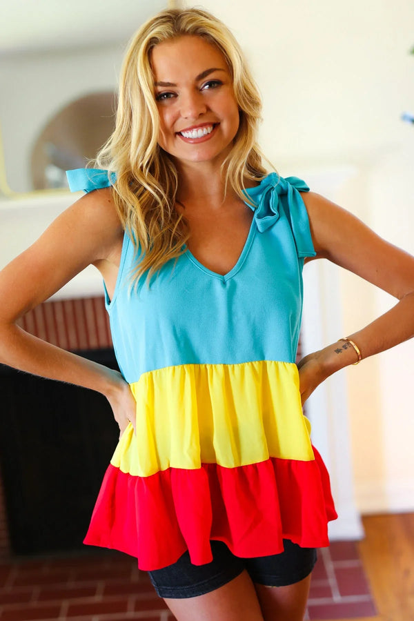 Multicolor Tiered Shoulder Tie Bow Crepe Top - Coeur de la Mode