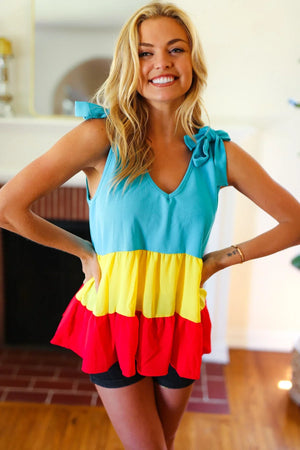 Multicolor Tiered Shoulder Tie Bow Crepe Top - Coeur de la Mode