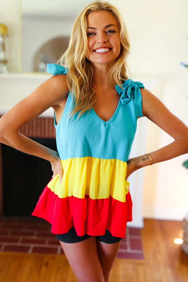 Multicolor Tiered Shoulder Tie Bow Crepe Top - Coeur de la Mode